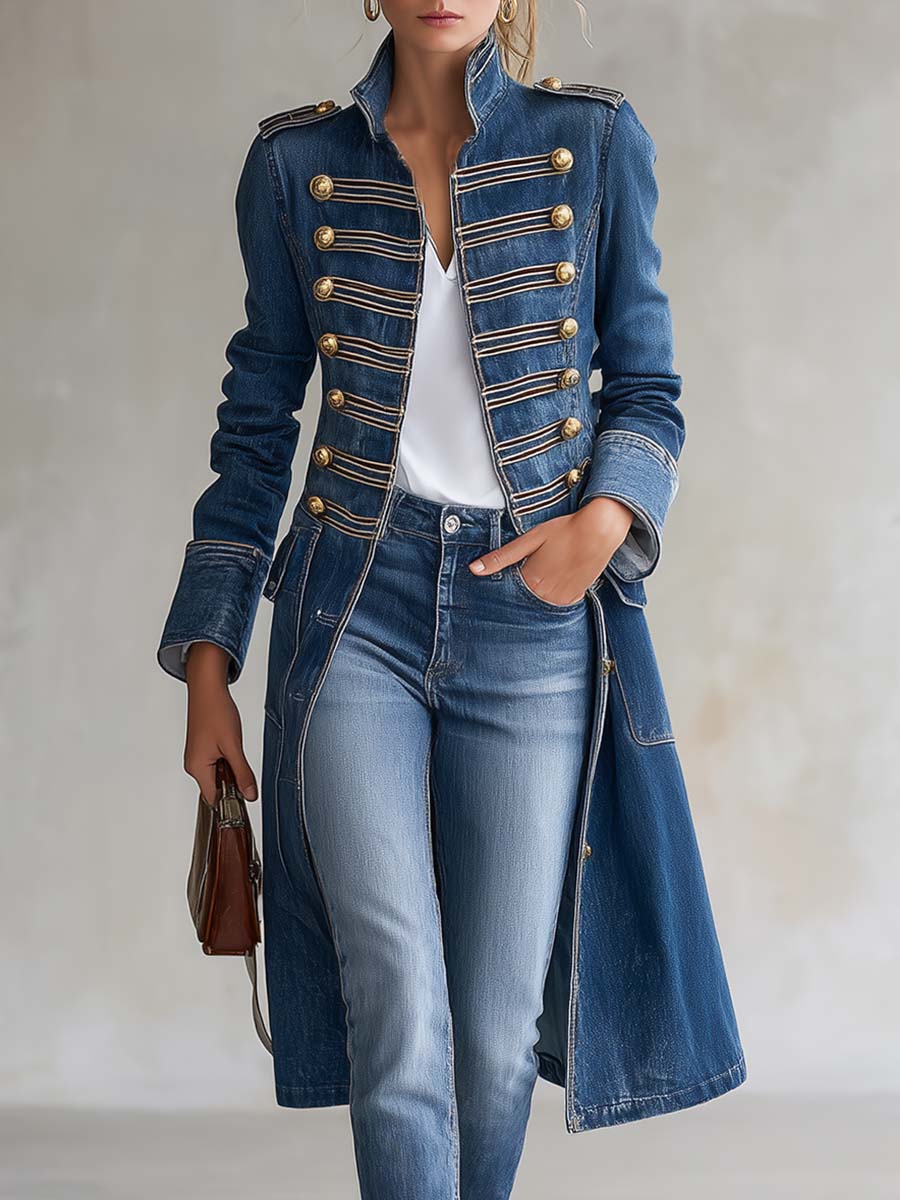 Ghislaine | Manteau Long en Jean Style Officier à Boutons Dorés