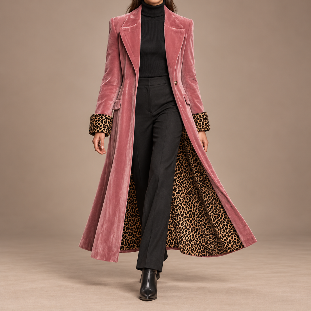 Valentine | Manteau Long Effet Velours Doublure Léopard