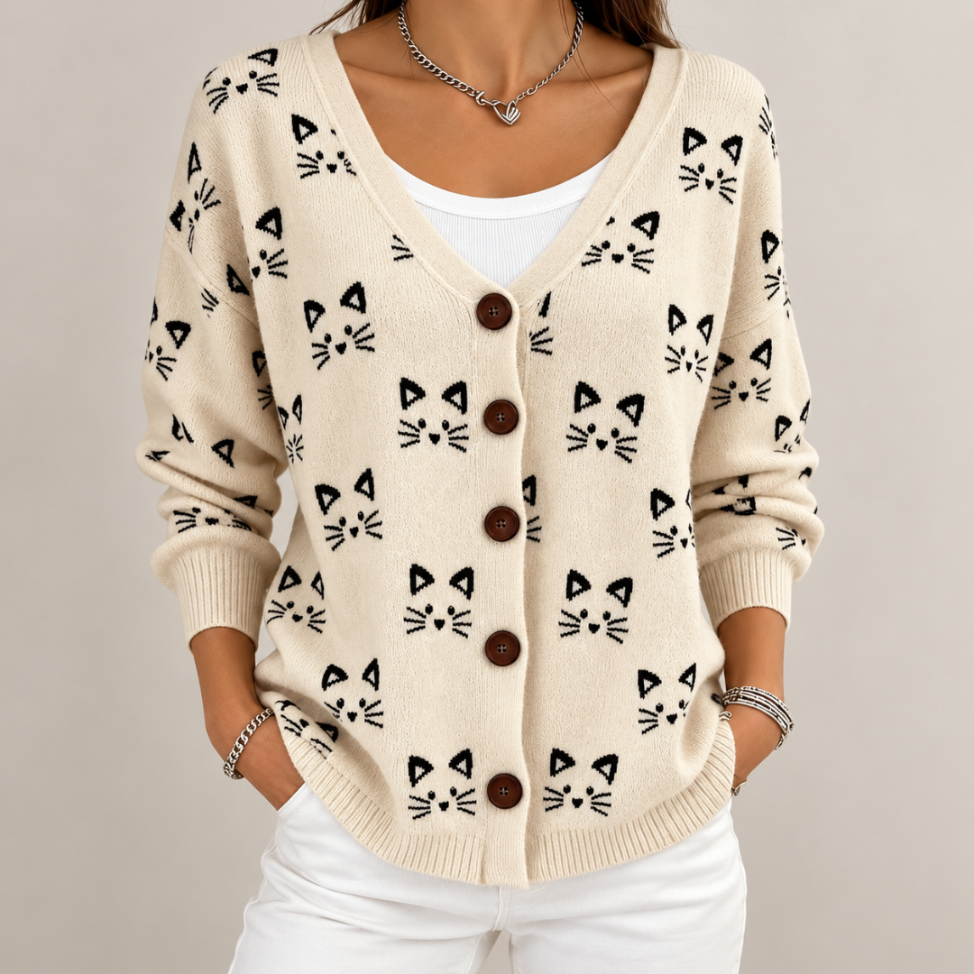 Fabienne | Cardigan Maille Imprimé Chat