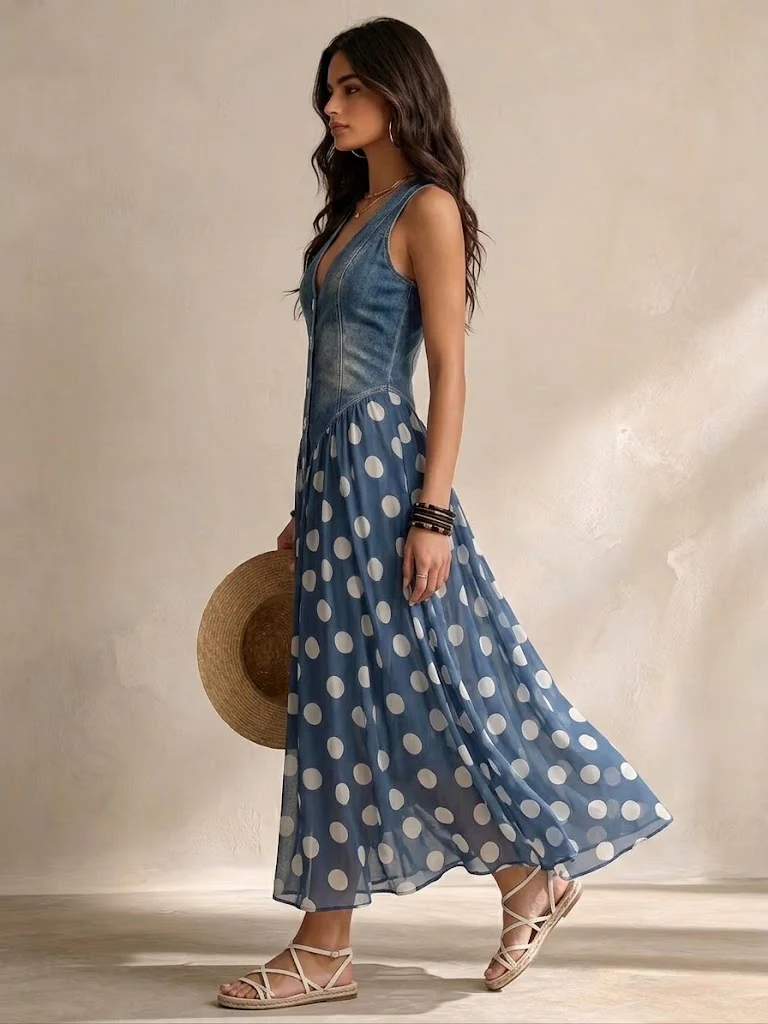 Adeline | Robe Longue Denim & Pois
