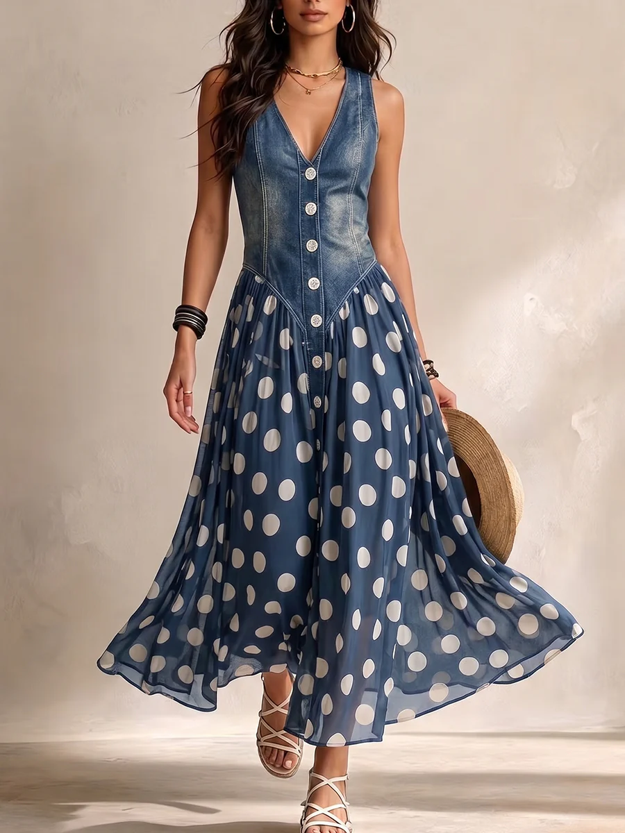 Adeline | Robe Longue Denim & Pois