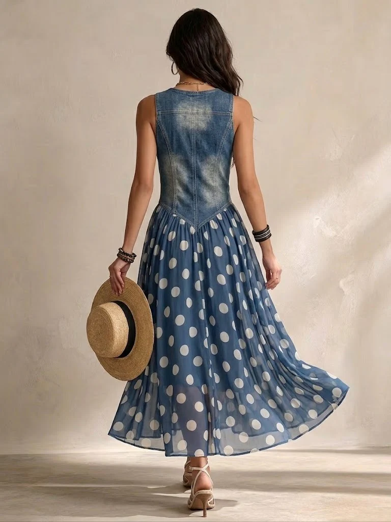 Adeline | Robe Longue Denim & Pois