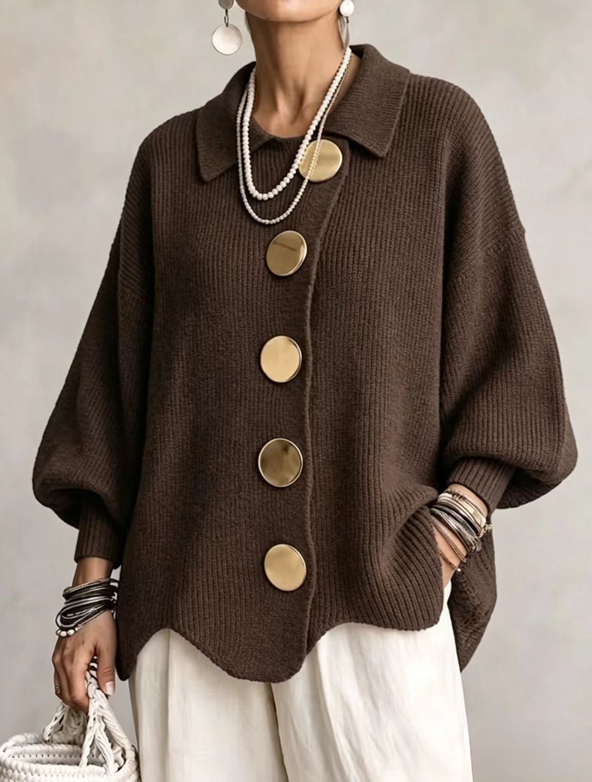 Augustine | Gilet Oversize à Col Chemise et Gros Boutons Dorés