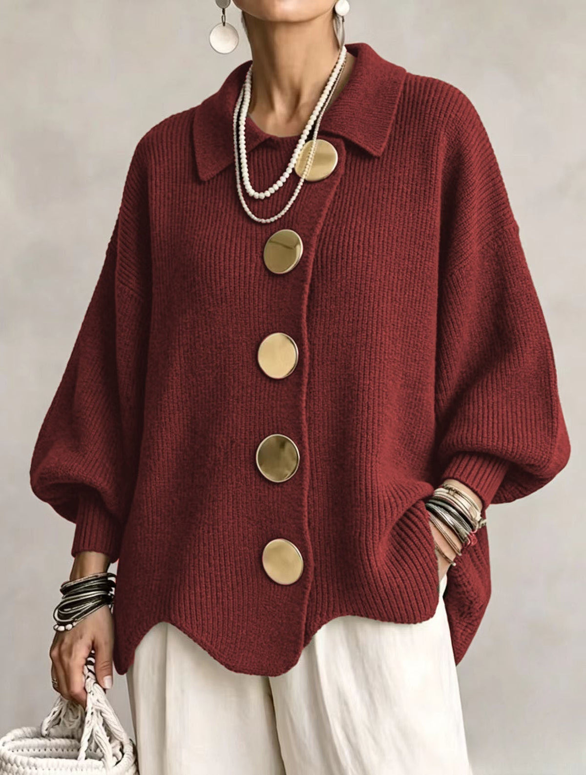 Augustine | Gilet Oversize à Col Chemise et Gros Boutons Dorés