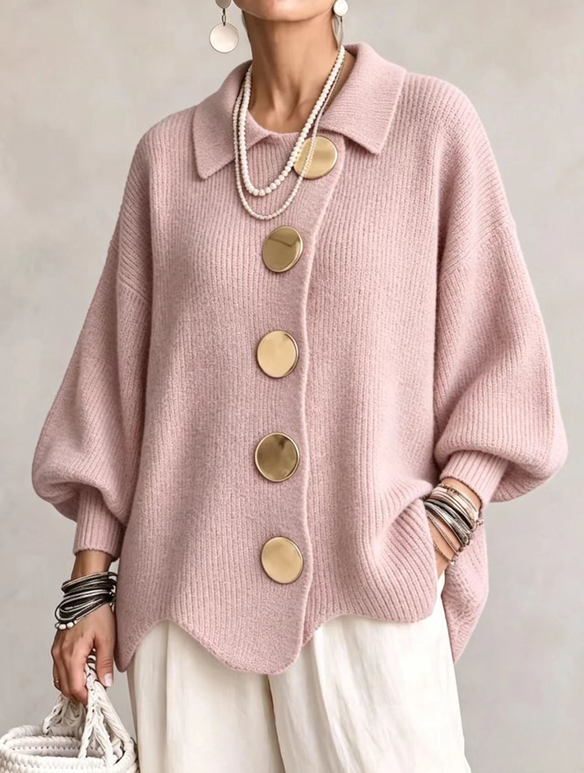 Augustine | Gilet Oversize à Col Chemise et Gros Boutons Dorés