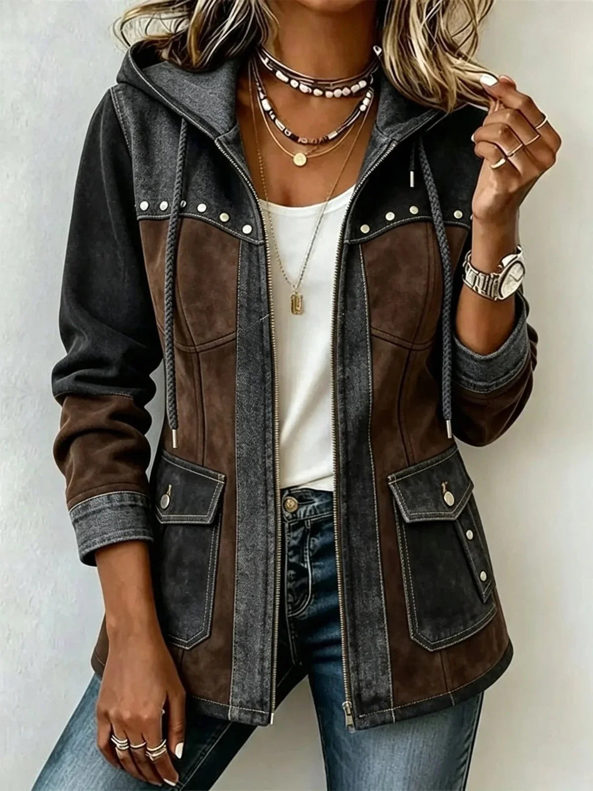 Sidonie | Veste à Capuche Bicolore Effet Daim