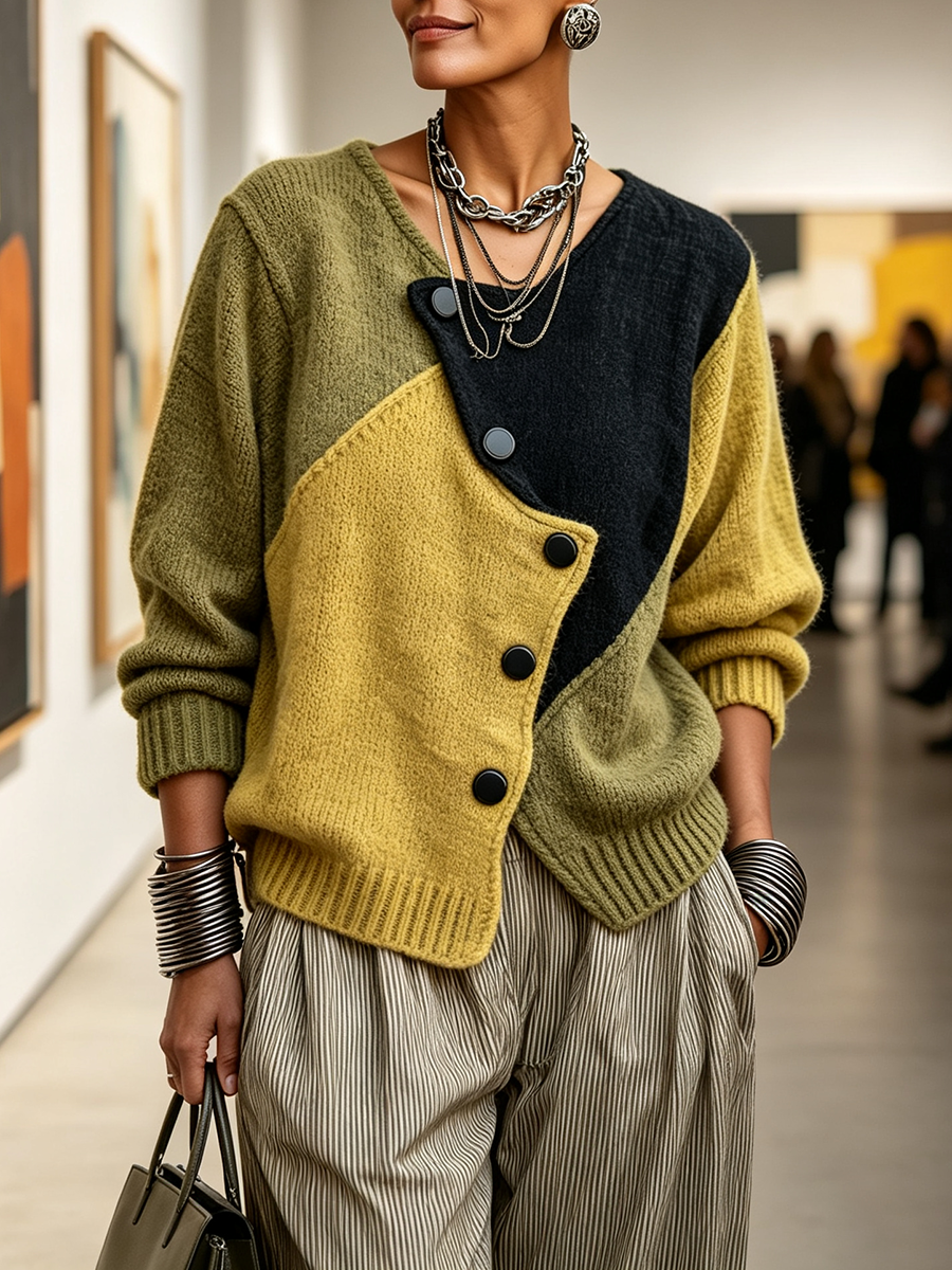 Eulalie | Gilet Colorblock à Boutonnage Asymétrique