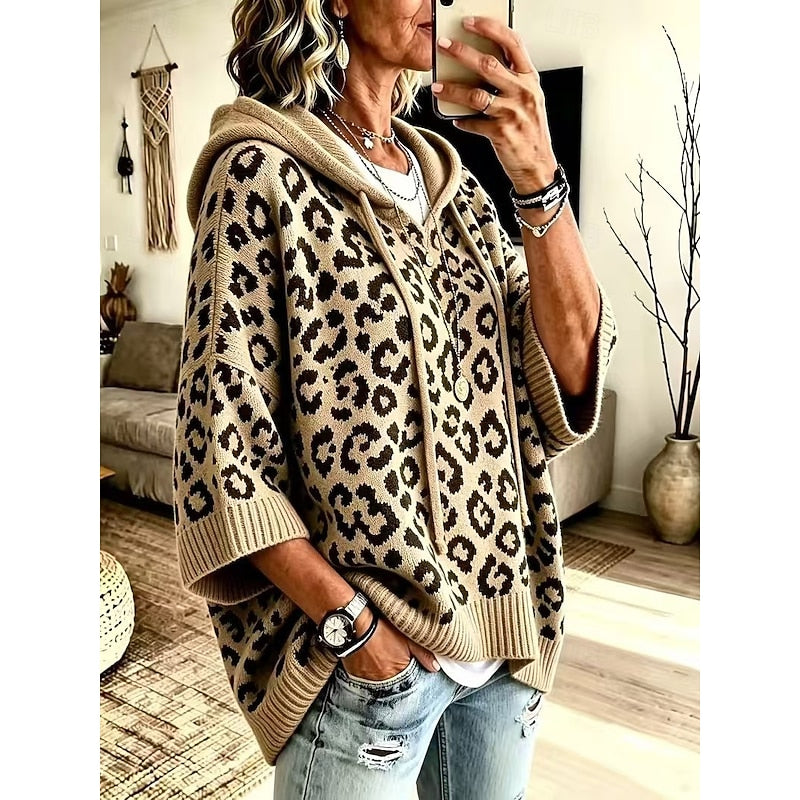 Capucine | Pull Poncho à Capuche Motif Léopard